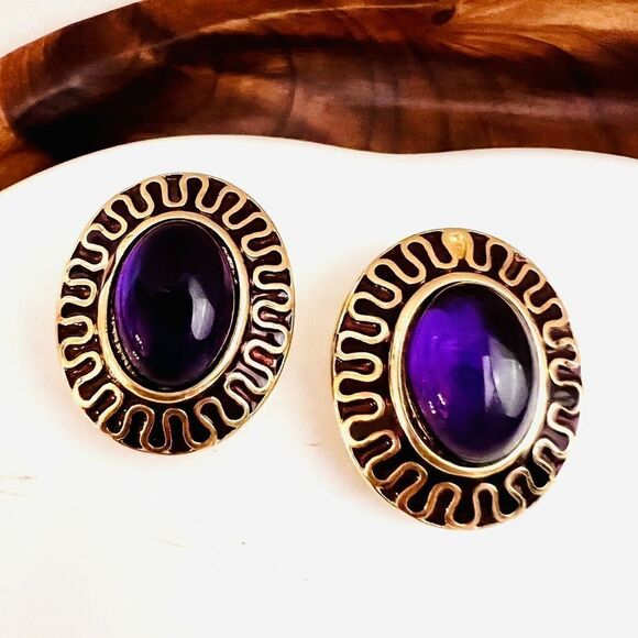 Vintage Galleria Gripoix Earrings Clip On Purple Glass Enamel Gold Oval 4624 - Picture 2 of 11